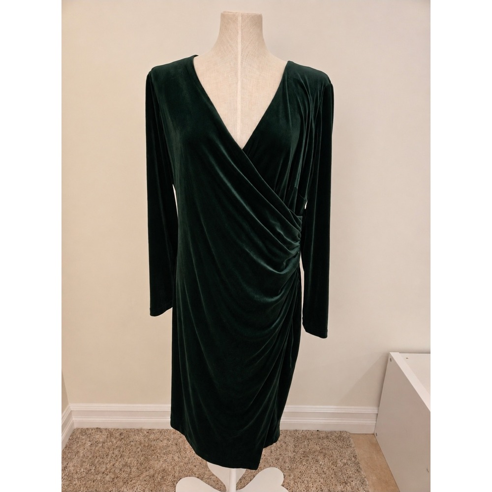 Ralph Lauren Forest Green Velvet Ruched Wrap Midi Dress V-Neck Evening Dress
